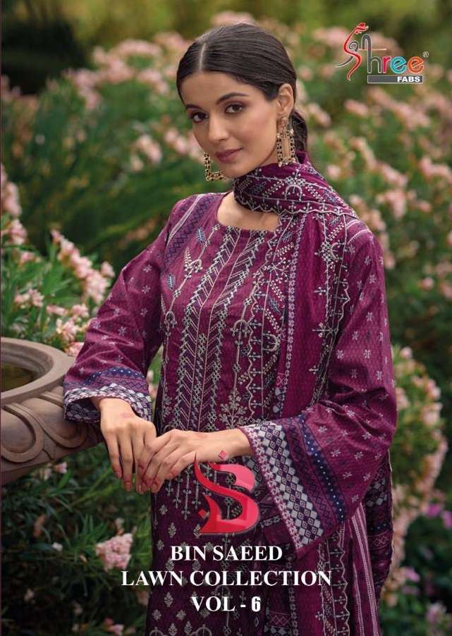 BIN SAEED LAWN COLLECTION VOL-6 BY SHREE FABS 6001 TO 6006 SERIES LAWN WORK PAKISTANI DRESSES