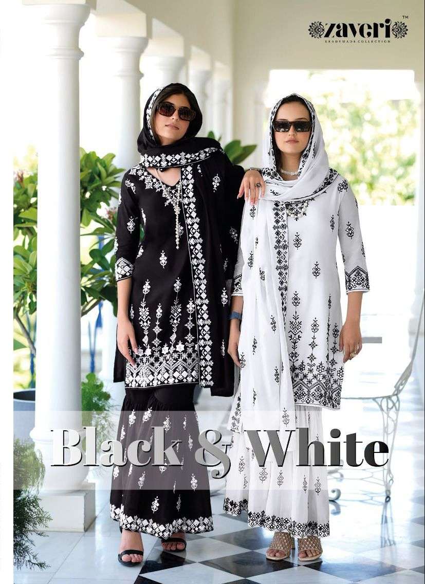 BLACK & WHITE BY ZAVERI PURE MAL MAL EMBROIDERY STITCHED SHARARA SUITS