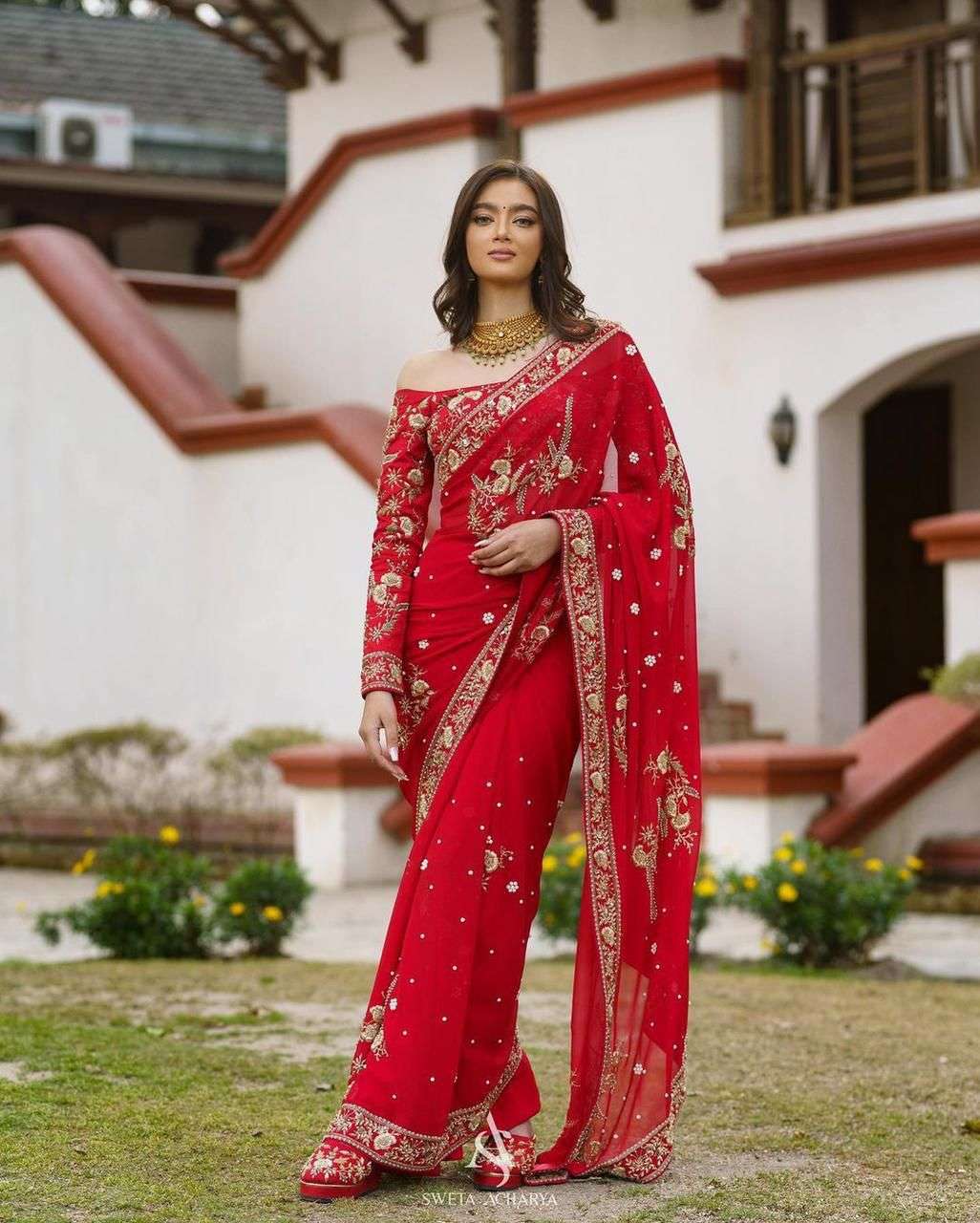 BT-1188 BY AQSAWHOLESALE HEAVY GEORGETTE SEQUENCE EMBROIDERY SAREE