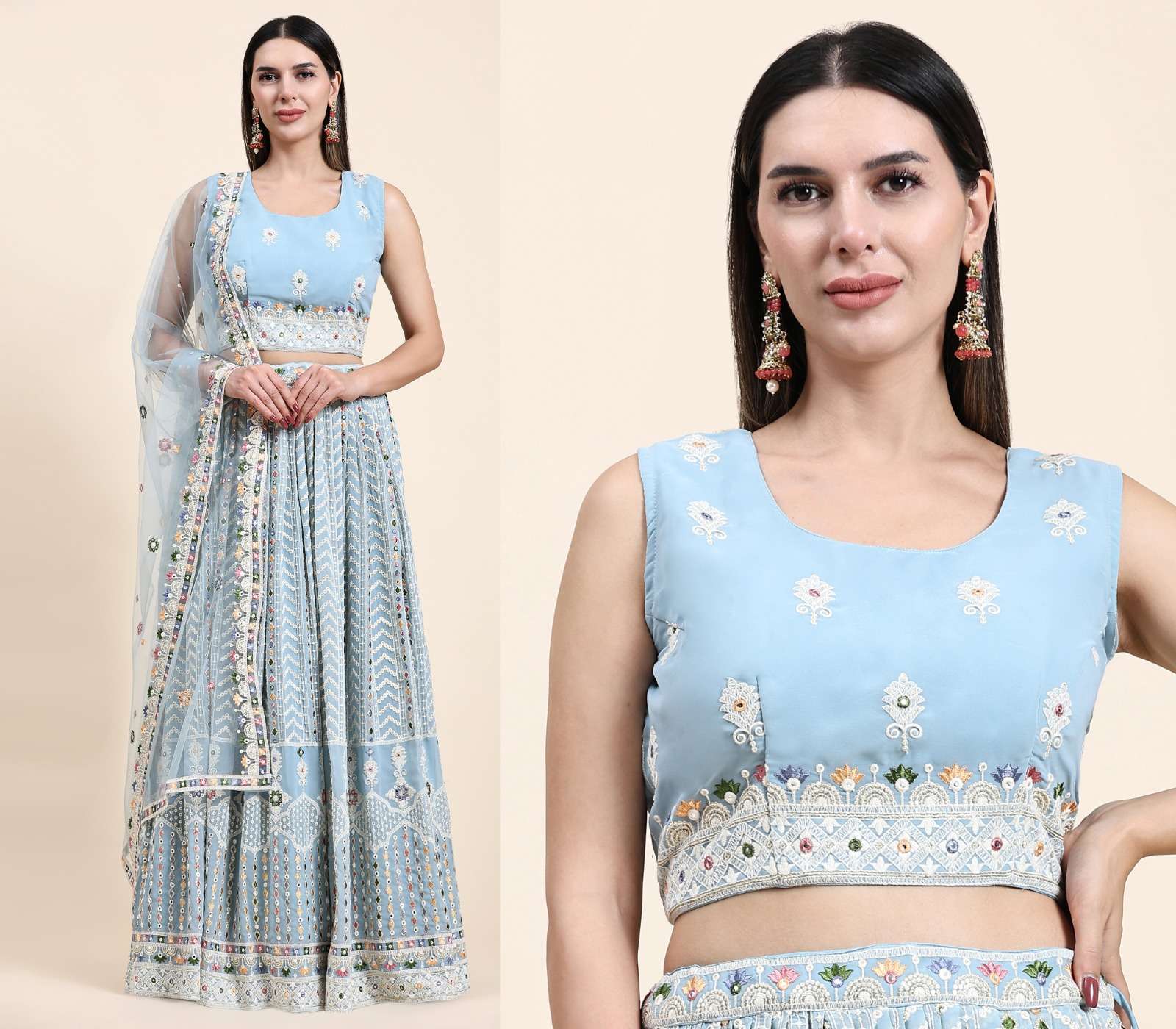 C-1949 COLOURS BY AMOHA 1949-A TO 1949-C SERIES VISCOSE GEORGETTE WORK STITCHED LEHENGAS