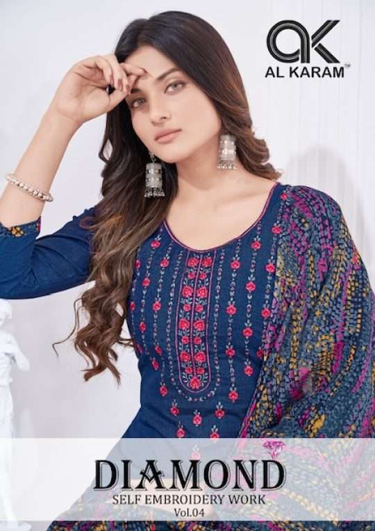 DIAMOND VOL-4 BY AL KARAM 4001 TO 4010 SERIES SOFT COTTON EMBRODIERY DRESSES