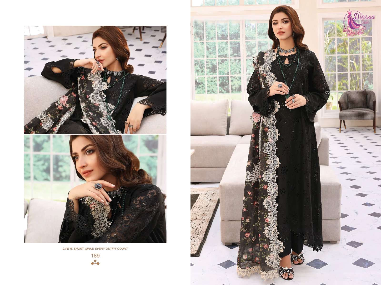 ELAF COLOURS VOL-1 BY DINSAA SUITS 189-A TO 189-D SERIES COTTON EMBROIDERY PAKISTANI DRESSES