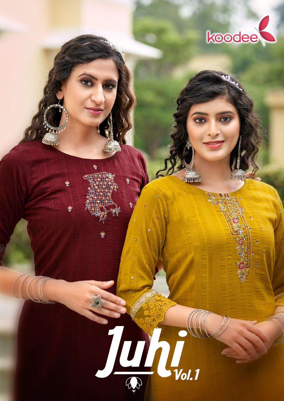 JUHI VOL-1 BY KOODEE 1001 TO 1006 SERIES CHINNON DOBBY EMBROIDERY KURTIS