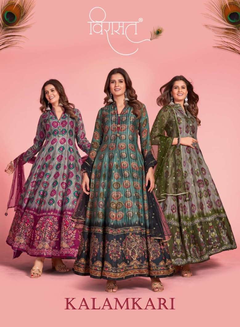 KALAMKARI BY VIRASAT 1001 TO 1003 SERIES PURE DOLA SILK WORK ANARKALI DRESSES