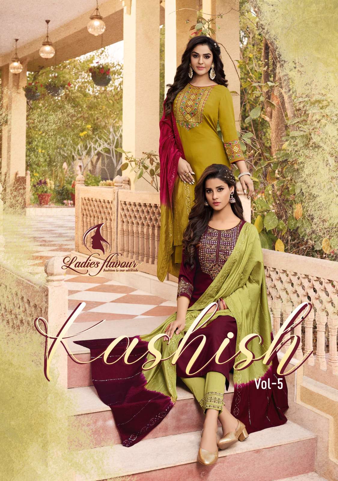 KASHISH VOL-5 BY LADIES FLAVOUR 5001 TO 5006 SERIES RAYON EMBROIDERY STITCHED DRESSES