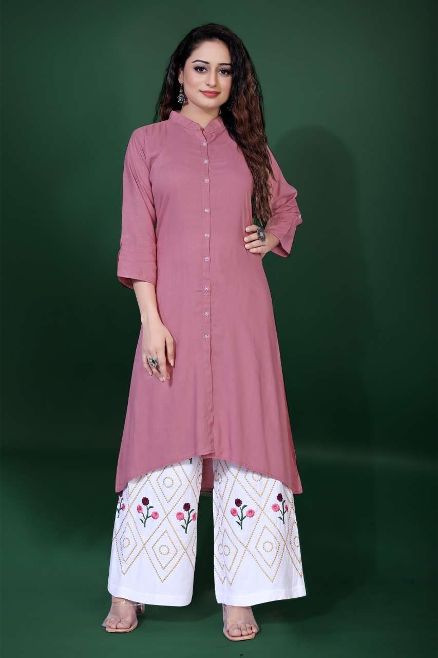 KIRTHI VOL-1 BY AQSAWHOLESALE RAYON EMBROIDERY WORK KURTI AND PALAZZO