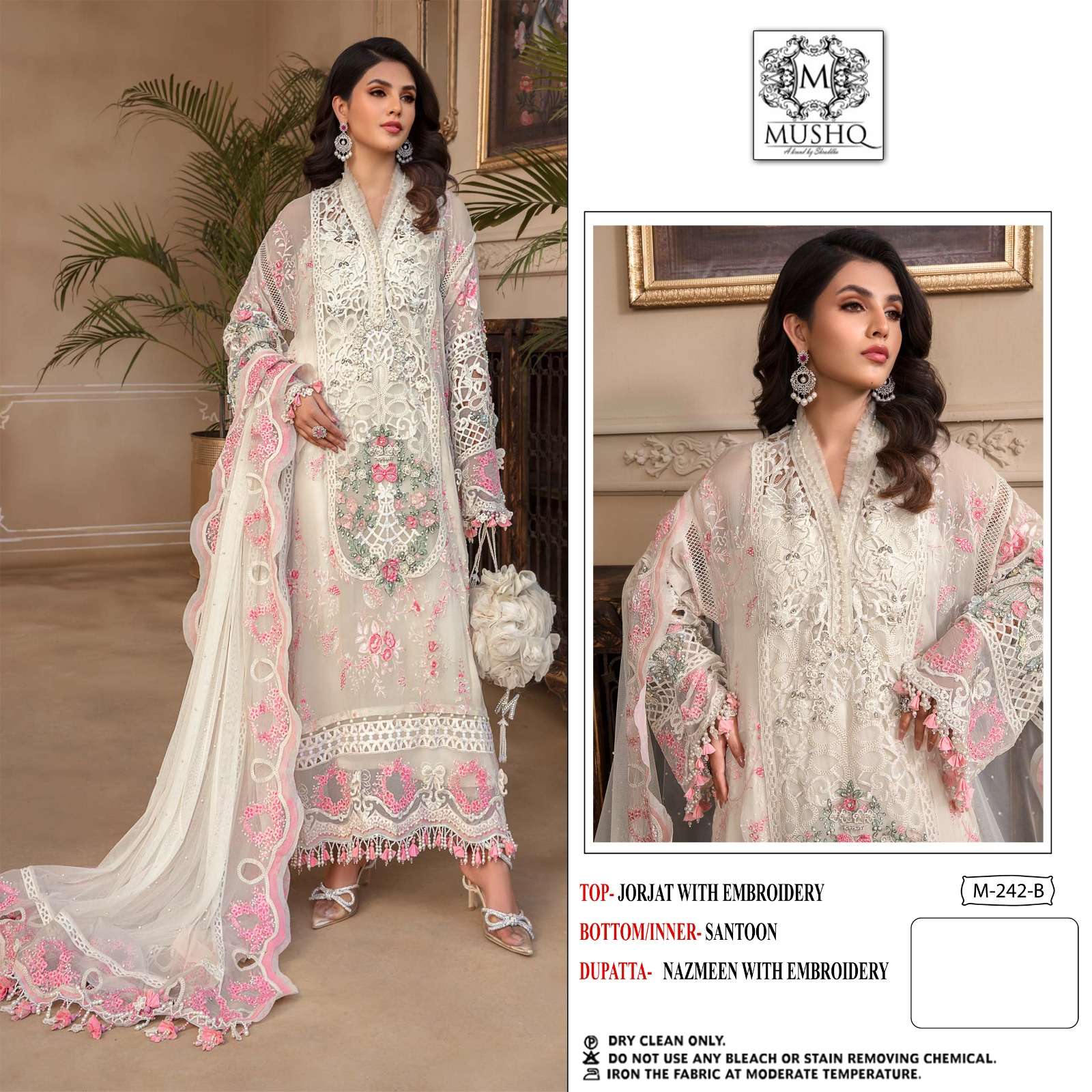 M-242 COLOURS BY MUSHQ 242-A TO 242-D SERIES GEORGETTE EMBROIDERY PAKISTANI DRESSES