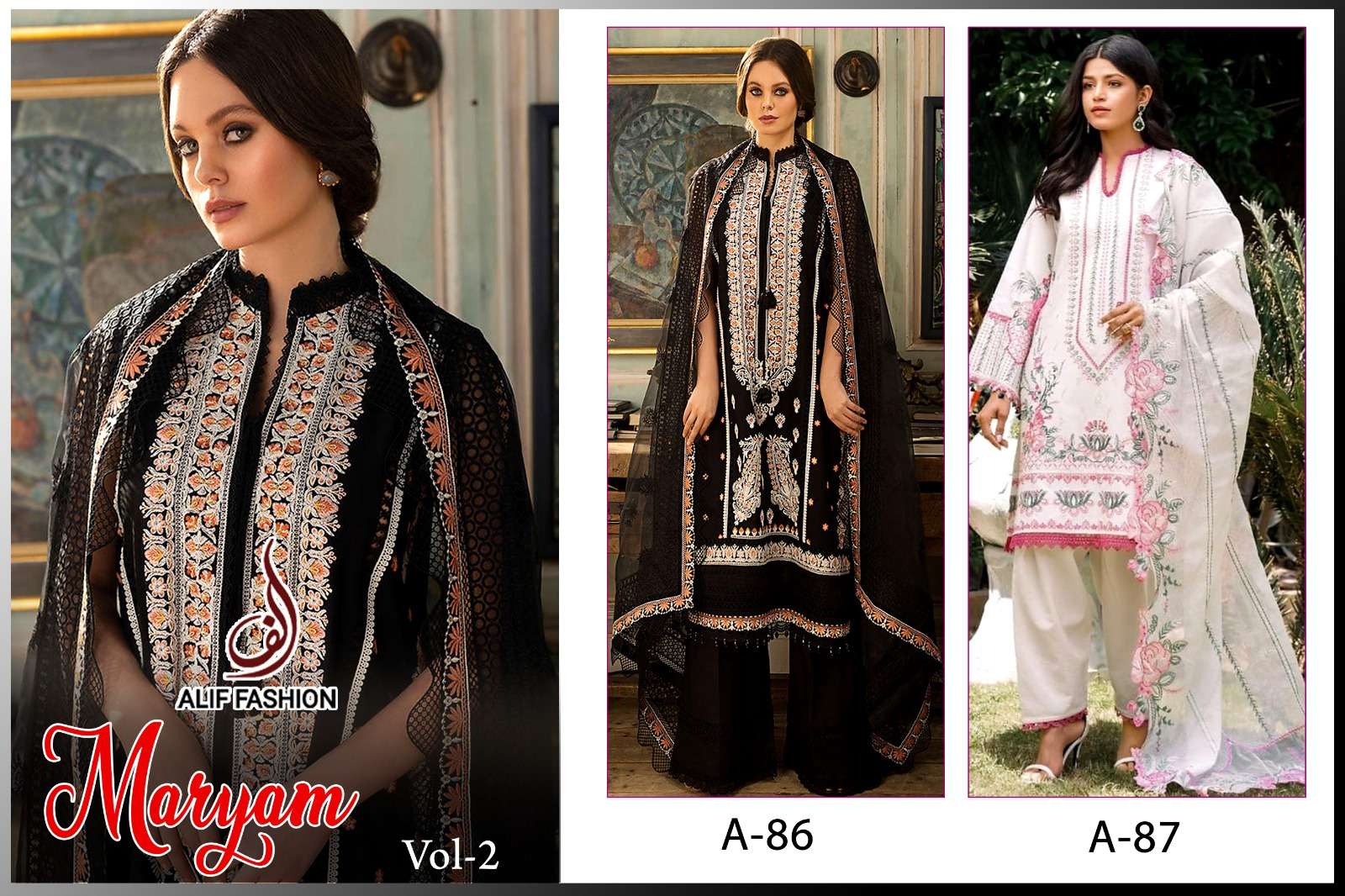 MARYAMS VOL-2 BY ALIF FASHION PURE CAMBRIC COTTON WORK PAKISTANI DRESSES