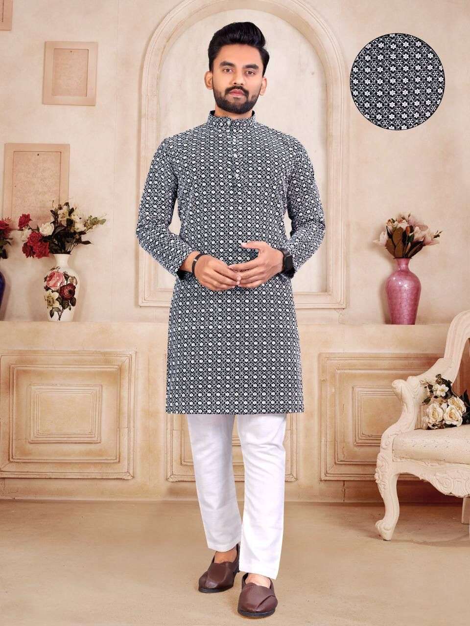 MELOFY BY AQSAWHOLESALE COTTON CHIKANKARI SCHIFFLY WORK MENS KURTA PAJAMAS