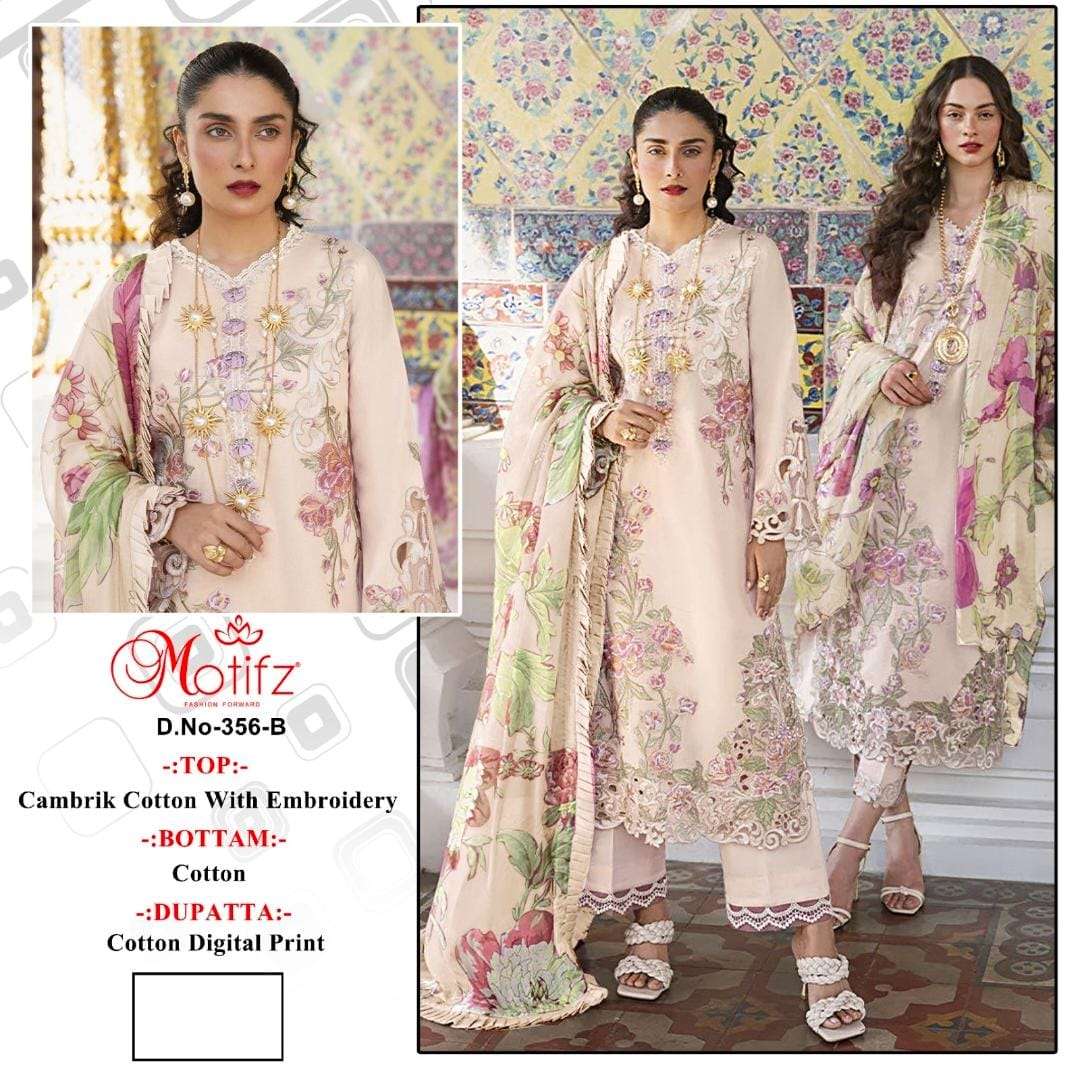 MOTIFZ 356 COLOURS BY MOTIFZ 356-A TO 356-D SERIES CAMBRIC COTTON WORK PAKISTANI DRESSES