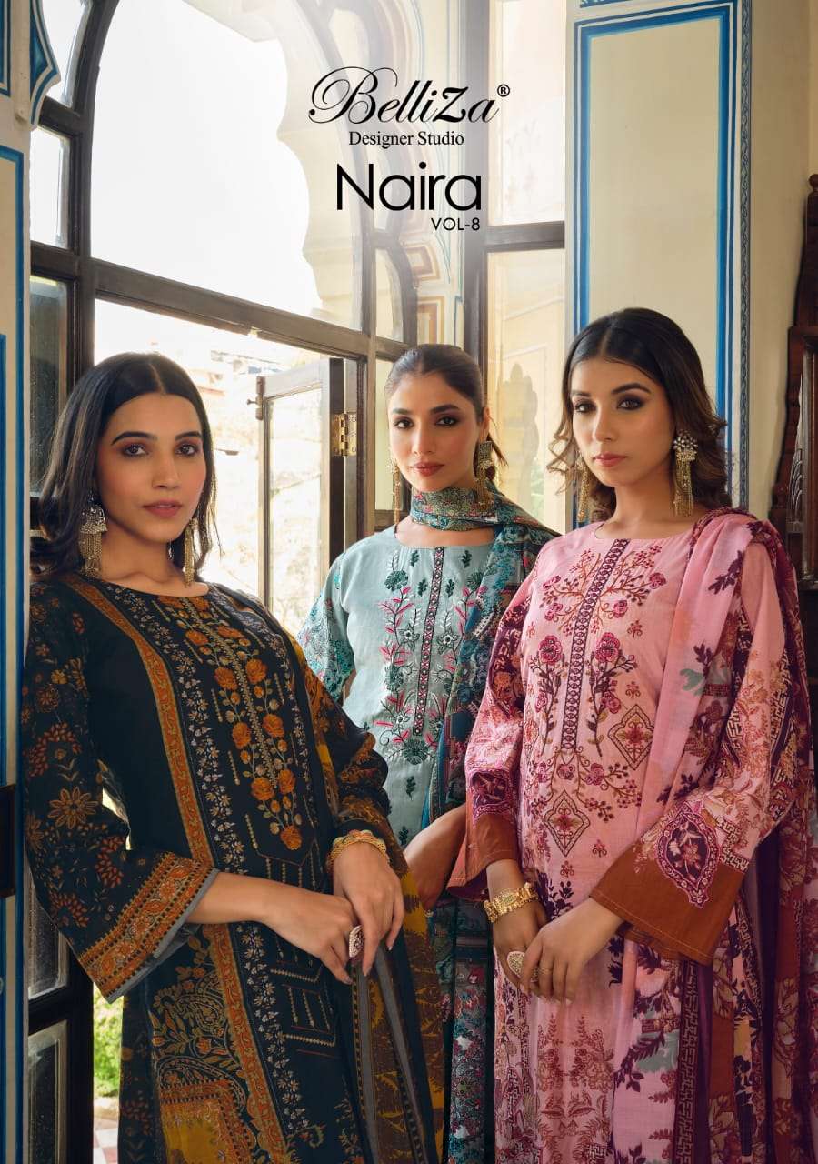 NAIRA VOL-8 BY BELLIZA 788-001 TO 788-010 SERIES PURE COTTON EMBROIDERY PAKISTANI DRESSES