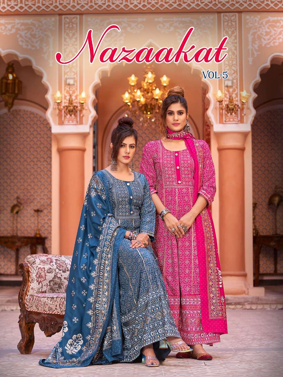 NAZAAKAT VOL-5 BY VIYAA DESIGENR 5001 TO 5006 SERIES RAYON GOLD PRINT GOWN AND DUPATTAS