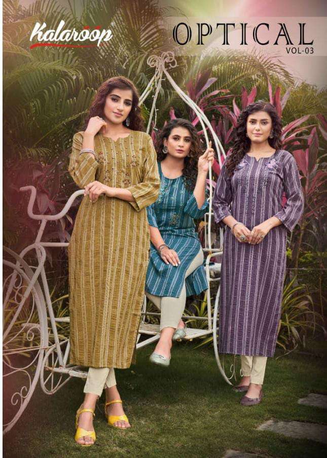 OPTICAL VOL-3 BY KALAROOP 13622 TO 13625 SERIES RAYON SEQUENCE WORK KURTIS