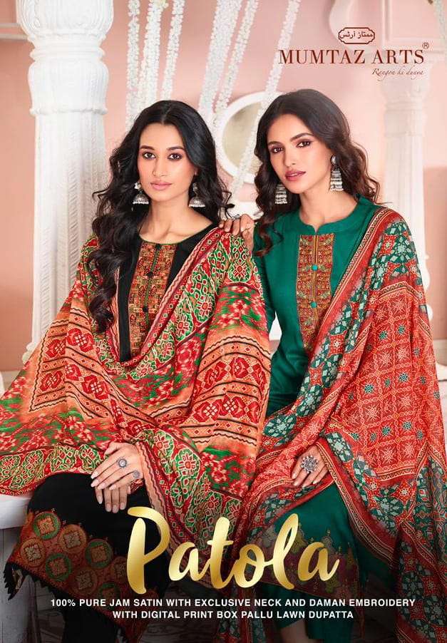 PATOLA VOL-2 BY MUMTAZ ARTS 12001 TO 12010 SERIES PURE JAM SATIN WORK DRESSES