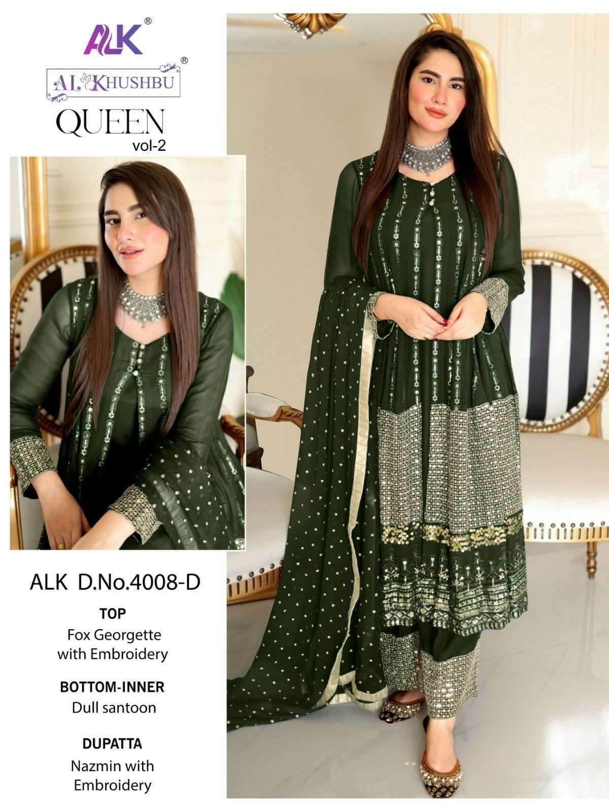 QUEEN 4008 COLOURS BY AL KHUSHBU 4008-D TO 4008-O SERIES GEORGETTE WORK NAYRA DRESSES  