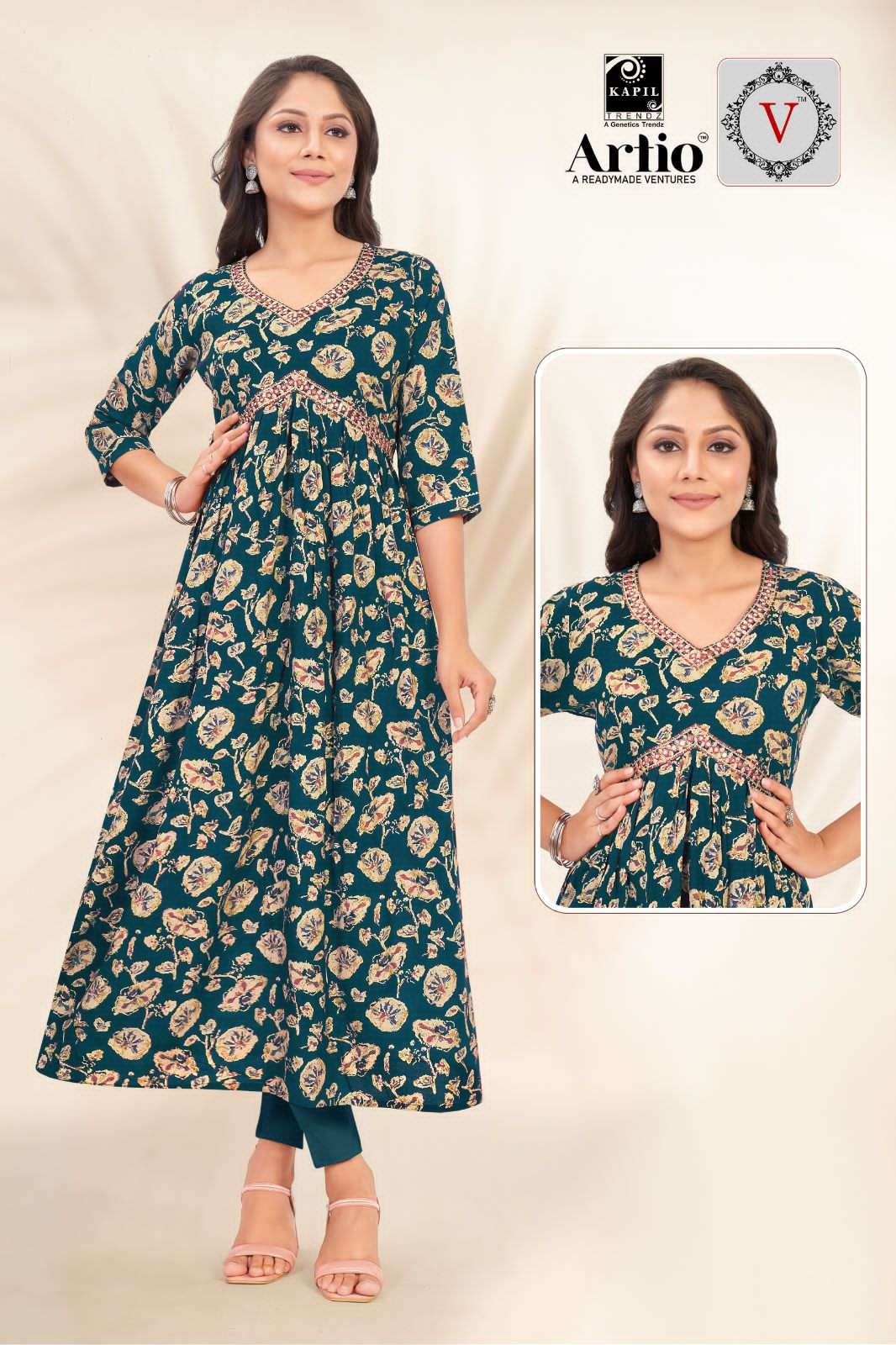 REYON AALIYA BY KAPIL TRENDZ 01 TO 17 SERIES RAYON EMBROIDERY MIRROR LONG KURTIS