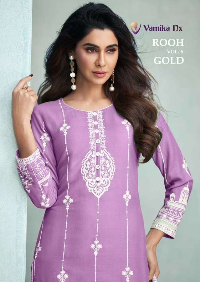 ROOH VOL-6 GOLD BY VAMIKA NX 1135-A TO 1135-E SERIES RAYON EMBROIDERY KURTI & PANTS