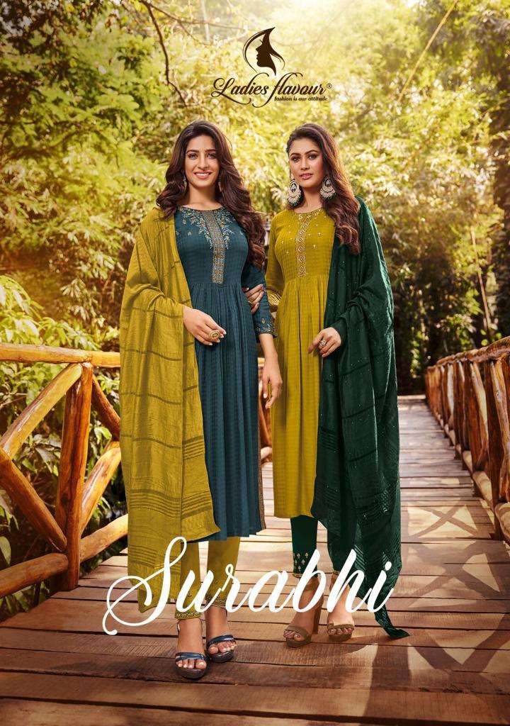 SURABHI BY LADIES FLAVOUR 1001 TO 1006 SERIES HEAVY RAYON EMBROIDERY STITCHED DRESSES