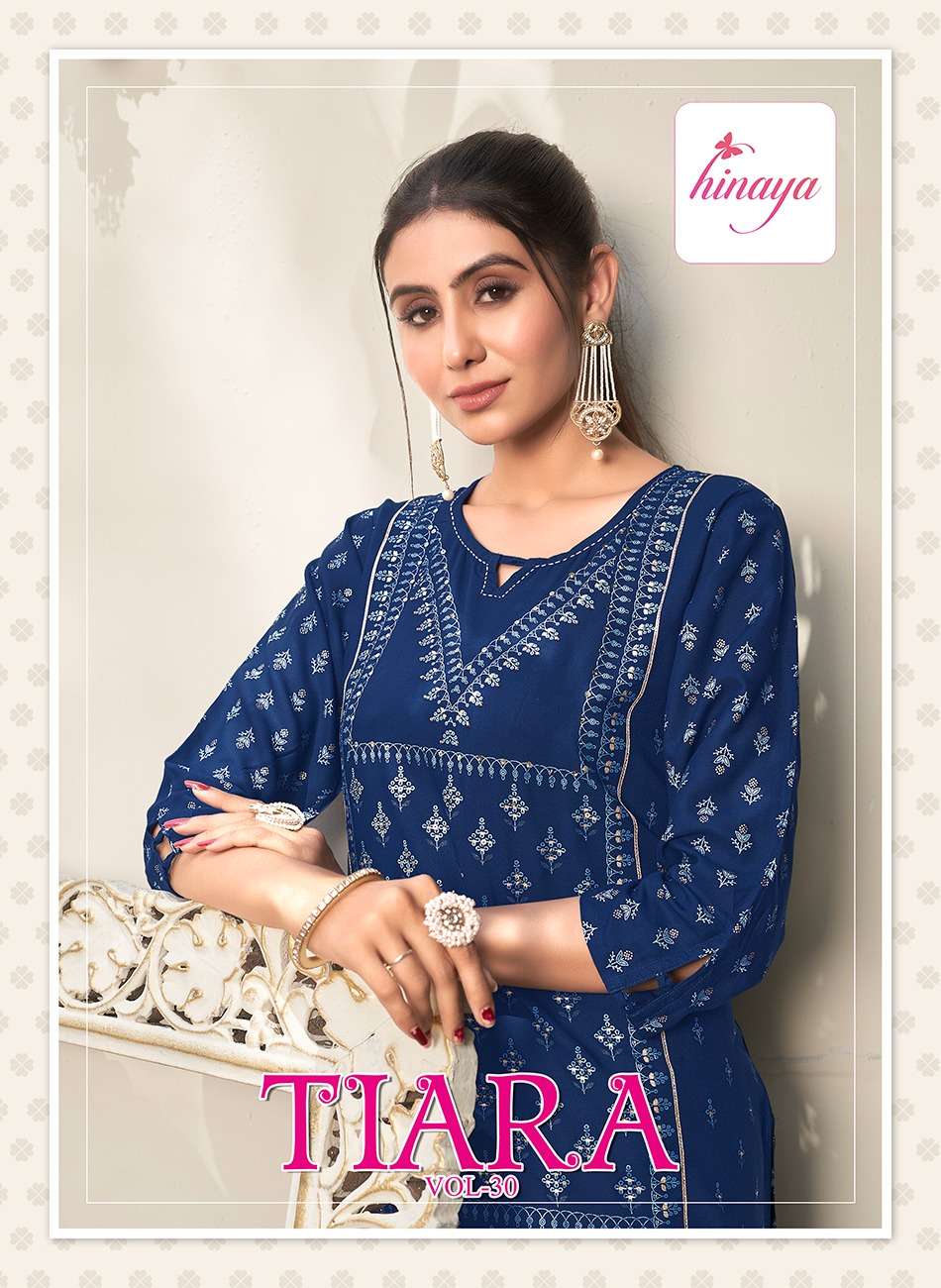 TIARA VOL-30 BY HINAYA 30001 TO 30008 SERIES RAYON SLUB HAND WORK KURTIS