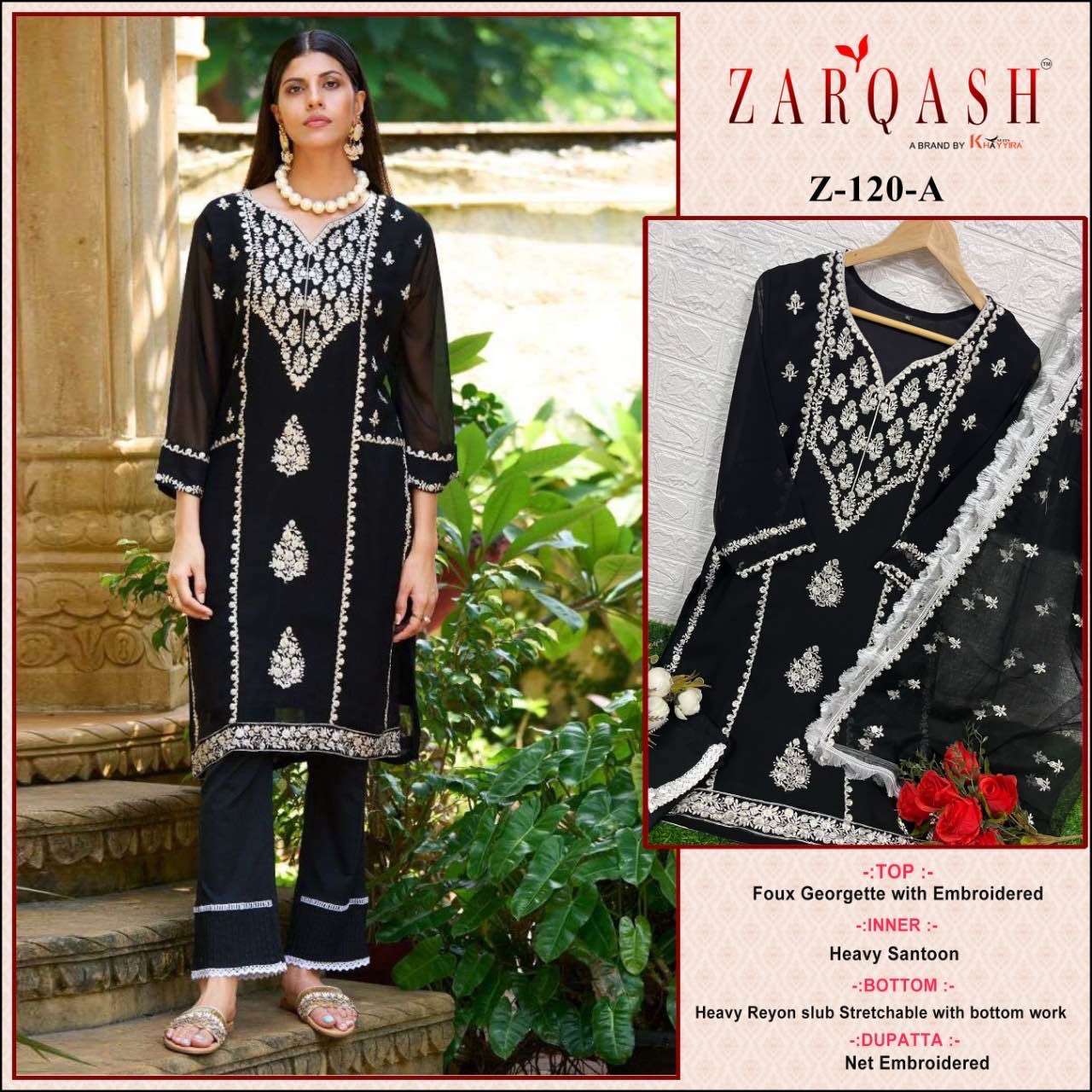 Z-120 COLOURS BY ZARQASH 120-A AND 120-B SERIES FAUX GEORGETTE WORK STITCHED DRESS