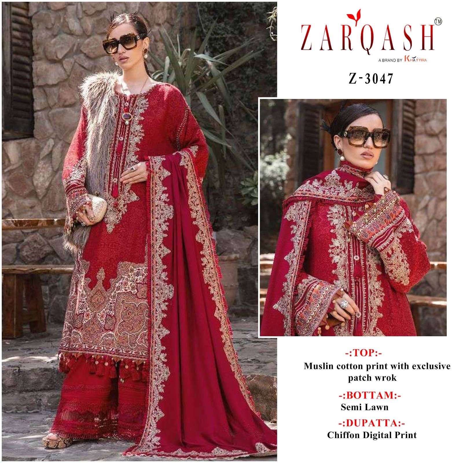 Z-3047 HIT DESIGN BY ZARQASH MUSLIN COTTON EMBROIDERY PAKISTANI DRESS