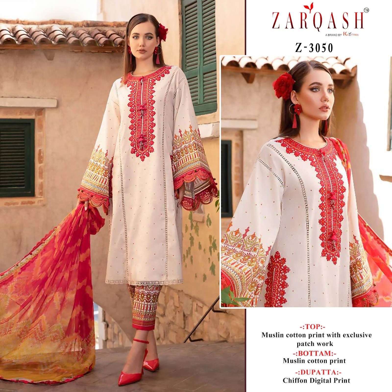 Z-3050 HIT DESIGN BY ZARQASH MUSLIN COTTON EMBROIDERY PAKISTANI DRESS