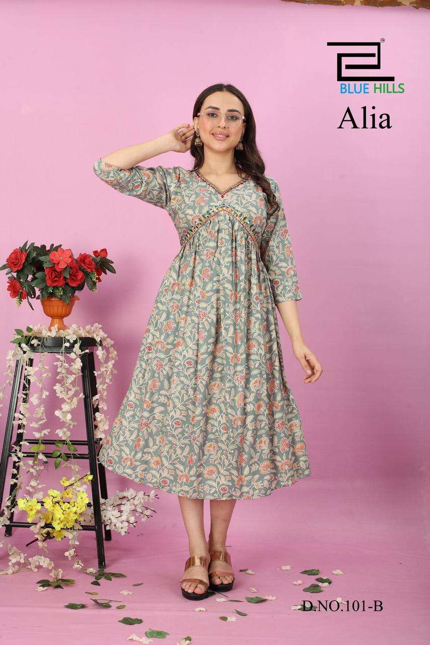 ALIA BY BLUE HILLS 101-A TO 101-D SERIES RAYON MIRROR HAND WORK KURTIS