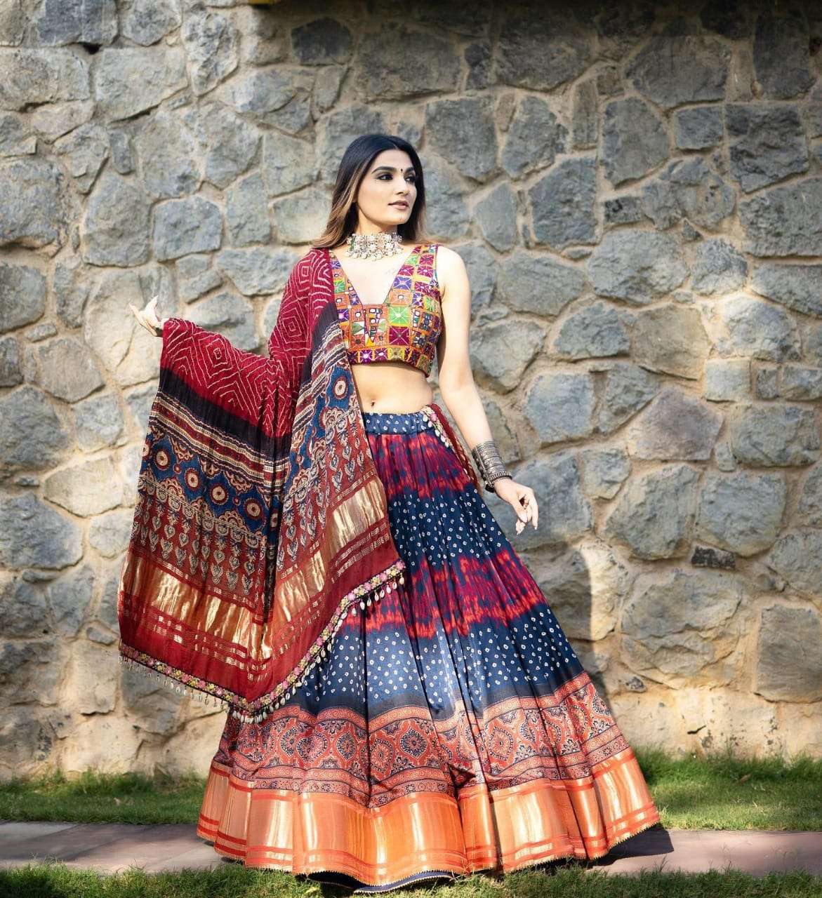 AN-7019 BY AQSAWHOLESALE SOFT BUTTER CREPE MIRROR WORK NAVRATRI LEHENGA