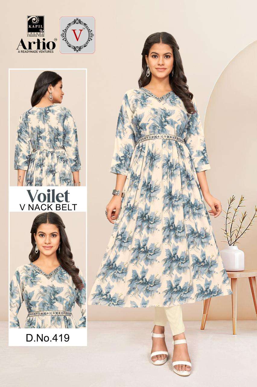 ARTIO VIOLET BY KAPIL TRENDZ 401 TO 423 SERIES RAYON PRINT WORK LONG KURTIS