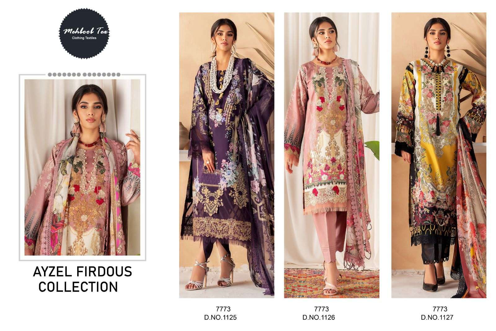 AYZEL FIRDOUS COLLECTION BY MEHBOOB TEX 1125 TO 1127 SERIES COTTON WORK PAKISTANI DRESSES