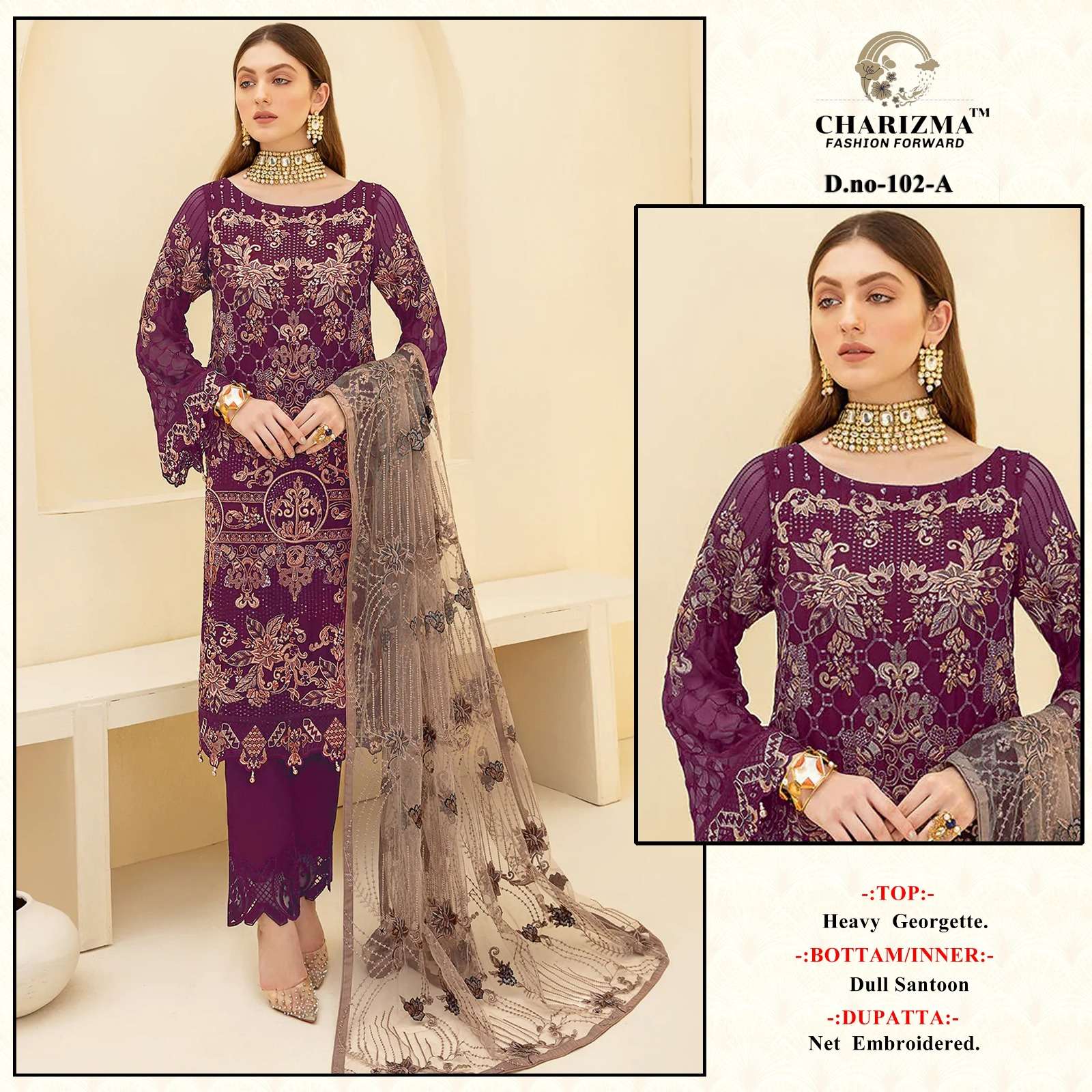 CHARIZMA 102 COLOURS BY AQSAWHOLESALE 102-A TO 102-H GEORGETTE EMBROIDERY DRESSES