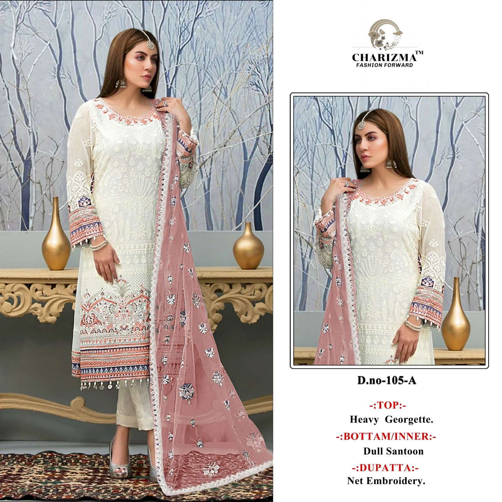 CHARIZMA 105 COLOURS BY AQSAWHOLESALE 105-A TO 105-D SERIES GEORGETTE WORK PAKISTANI DRESSES