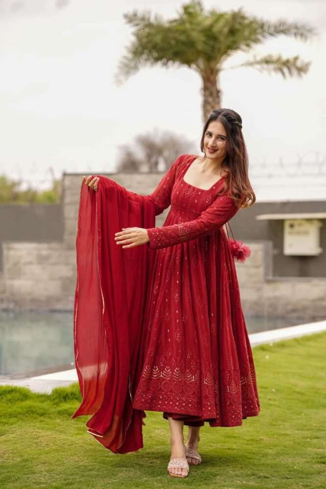 CHERRY-7011 BY AQSAWHOLESALE FAUX GEORGETTE EMBROIDERY SEQUENCE ANARKALI DRESS