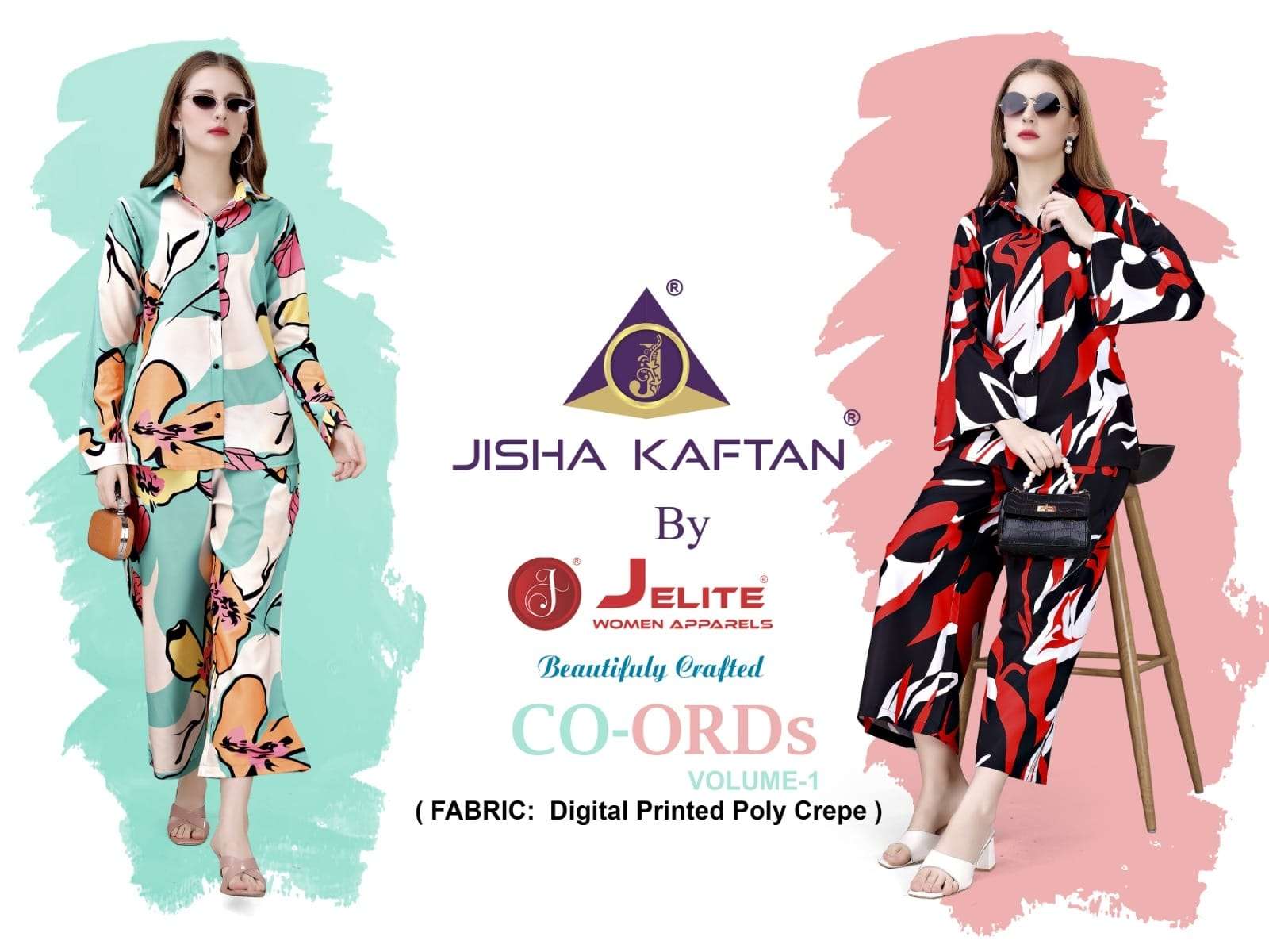 CO-ORDS VOL-1 BY JISHA KAFTAN 3001 TO 3006 SERIES POLY CREPE PRINT CO-ORD SETS