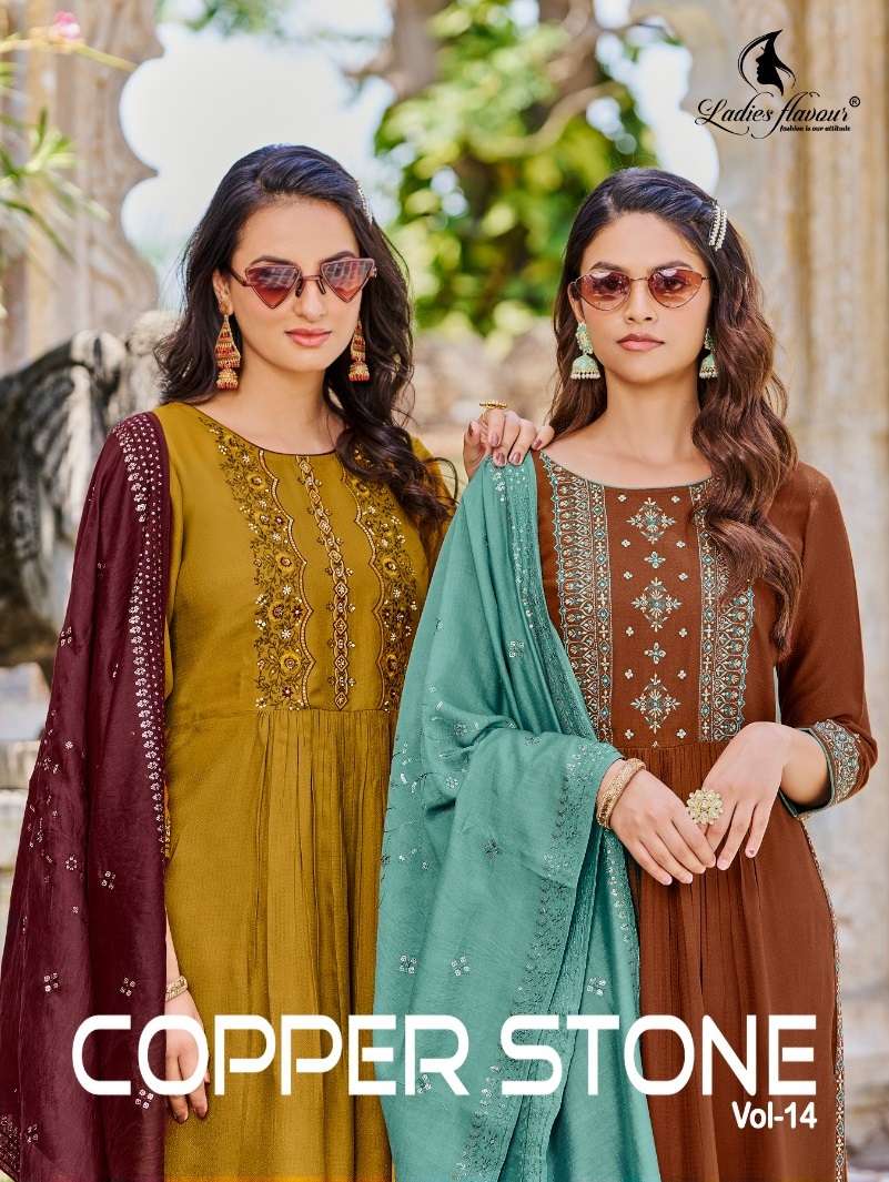 COPPER STONE VOL-14 BY LADIES FLAVOUR 1401 TO 1405 SERIES VISCOSE EMBROIDERY READYMADE DRESSES