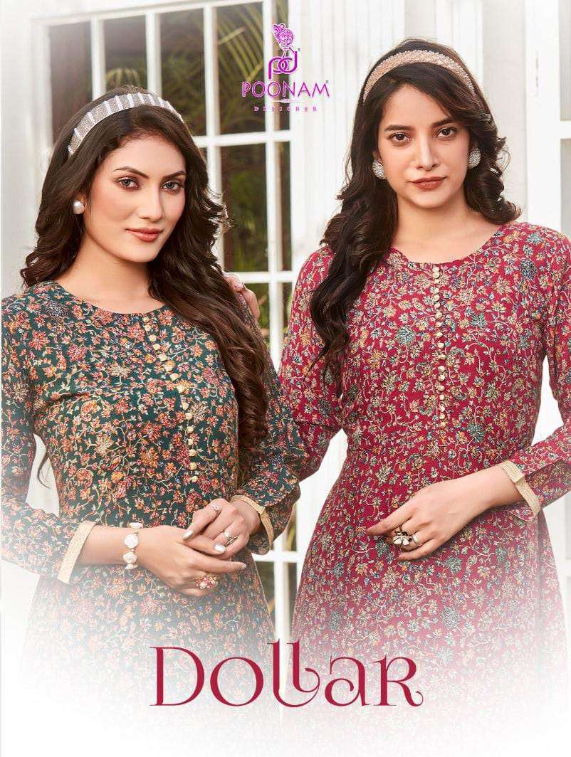 DOLLAR BY POONAM DESIGNER 1001 TO 1004 SERIES RAYON PRINT WORK TUNICS