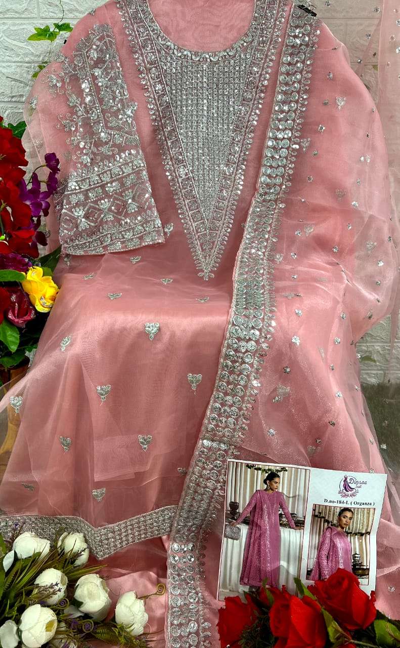 DS-184 NEW COLOURS BY DINSAA SUIT 184-I TO 184-L SERIES ORGANZA WORK PAKISTANI DRESSES