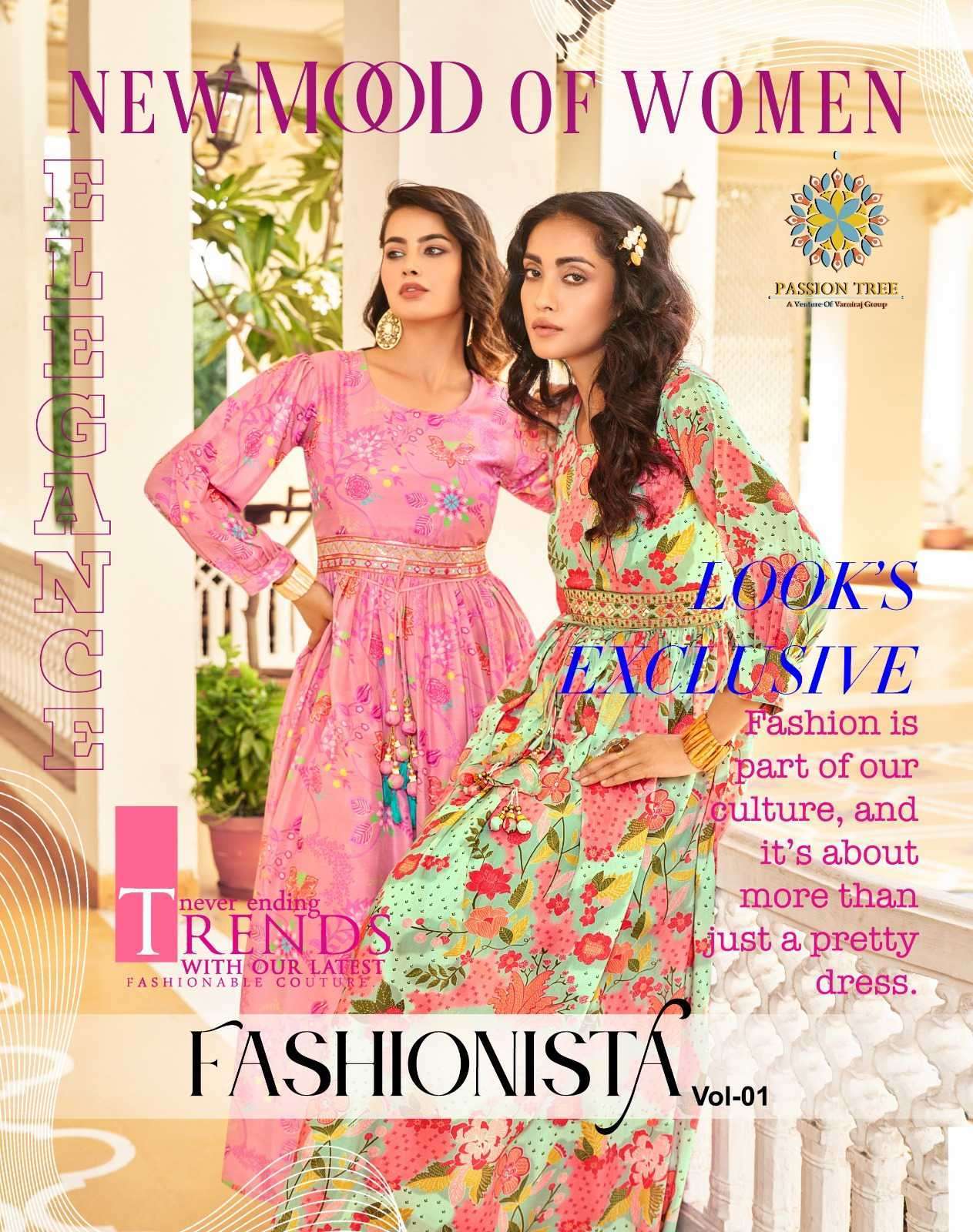 FASHIONISTA VOL-1 BY PASSION TREE 1001 TO 1008 SERIES RAYON PRINT GOWNS