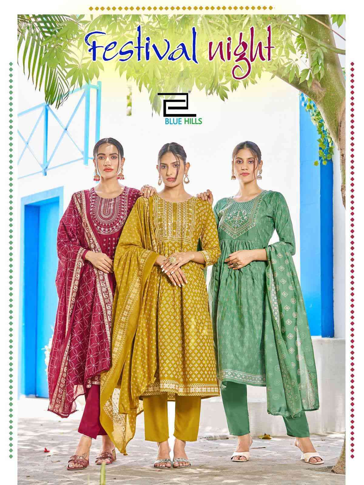 FESTIVAL NIGHT BY BLUE HILLS 1001 TO 1008 SERIES RAYON WORK NAYRA READYMADE DRESSES