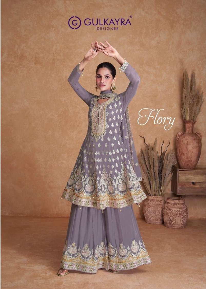 FLORY BY GULKAYRA 7403 TO 7405 SERIES REAL CHINON EMBROIDERY SHARARA SUITS