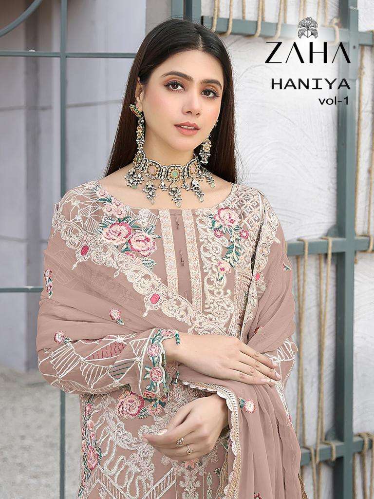 HANIYA NEW COLOURS BY ZAHA 10128-E TO 10128-H SERIES GEORGETTE PAKISTANI DRESSES