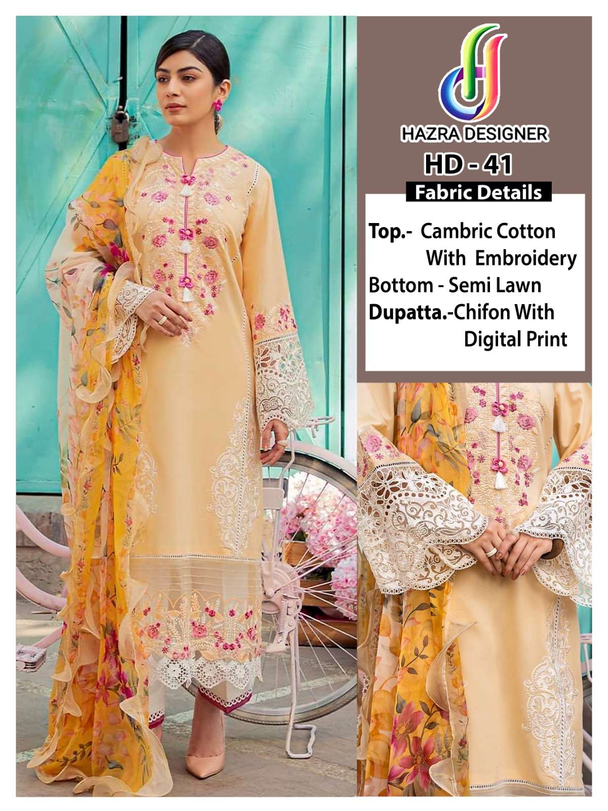 HD-41 HIT DESIGN BY HAZRA DESIGNER PURE CAMBRIC COTTON WORK PAKISTANI DRESS