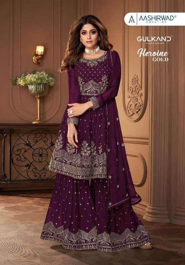 HEROINE GOLD BY AASHIRWAD CREATION 8696-A TO 8696-D SERIES GEORGETE READYMADE DRESSES