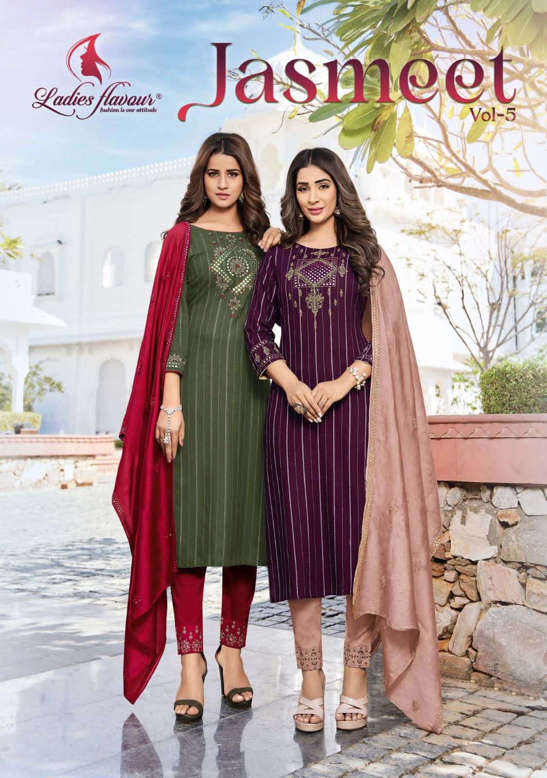 JASMEET VOL-5 BY LADIES FLAVOUR 5001 TO 5006 SERIES RAYON EMBRODIERY READYMADE DRESSES