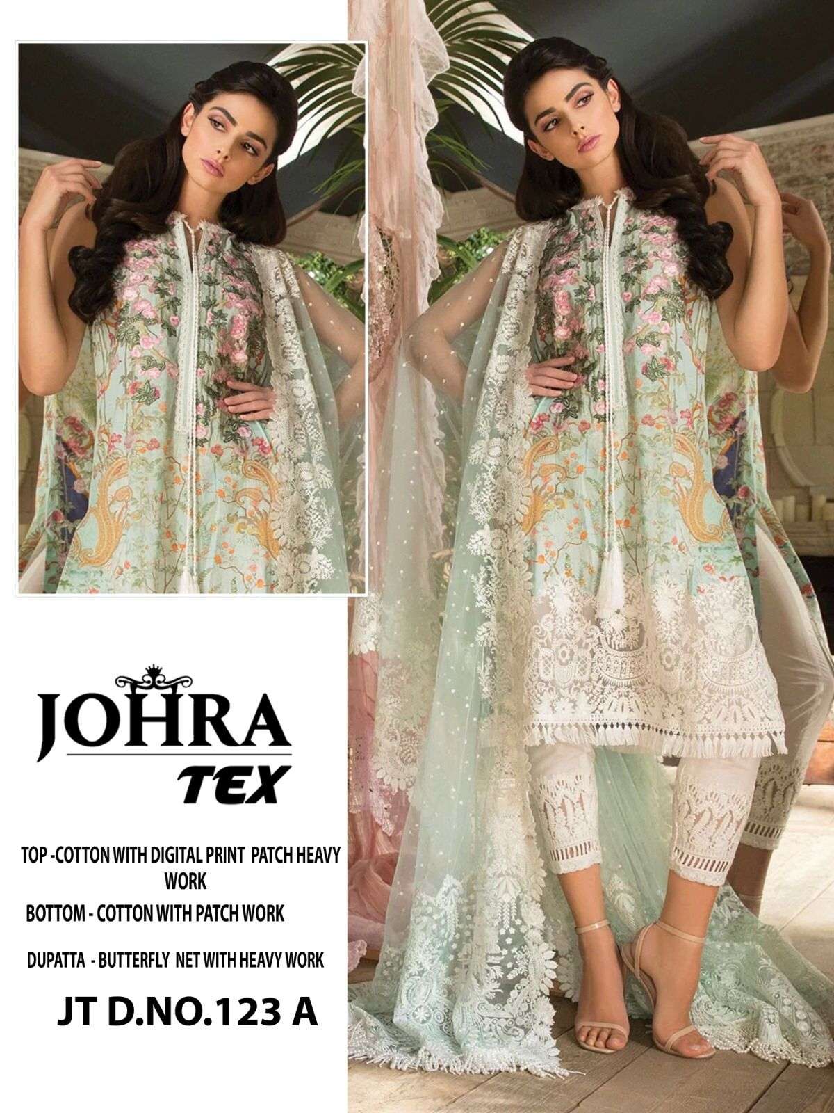 JT-123 COLOURS BY JOHRA TEX 123-A TO 123-C SERIES COTTON WORK PAKISTANI DRESSES