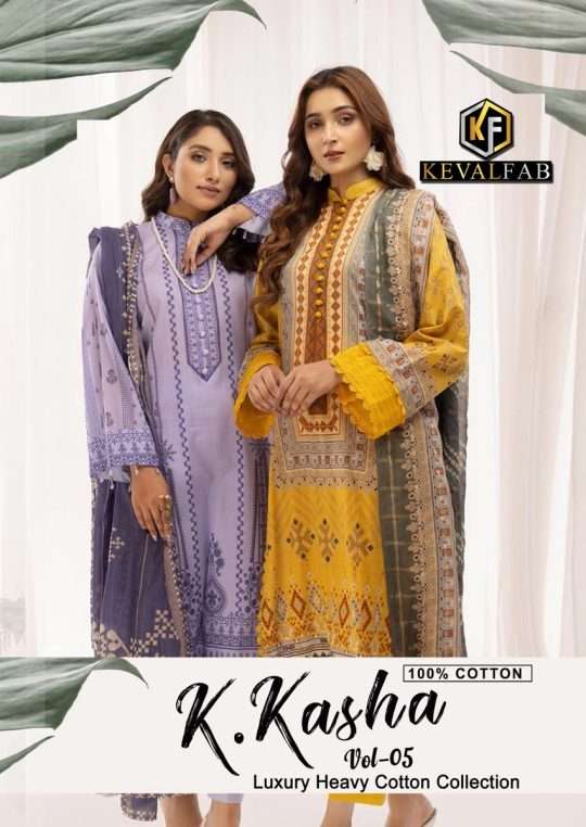 K.KASHA VOL-5 BY KEVAL FAB 5001 TO 5006 SERIES HEAVY COTTON PRINT PAKISTANI DRESSES