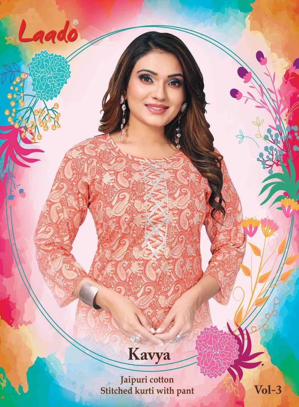 KAVYA VOL-3 BY LAADO 3001 TO 3008 SERIES PURE COTTON PRINT KURTI AND PANTS