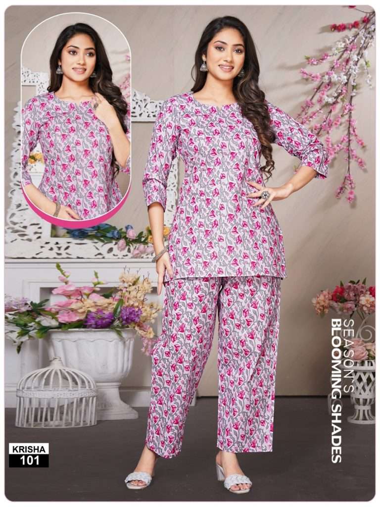 KRISHA BY AQSAWHOLESALE 101 TO 106 SERIES HEAVY PURE COTTON PRINT TOP AND PANTS