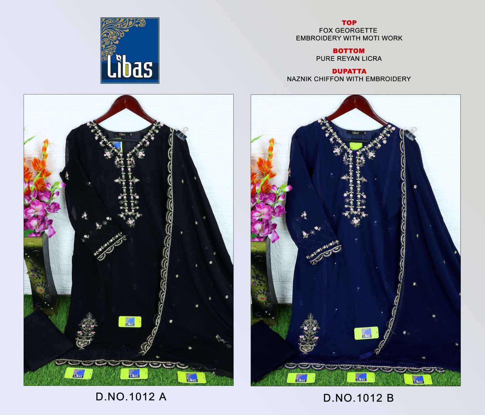 LIBAS 1012-A TO 1012-B SERIES BY AQSAWHOLESALE FAX GEORGETTE EMBRODIERY READYMADE DRESSES