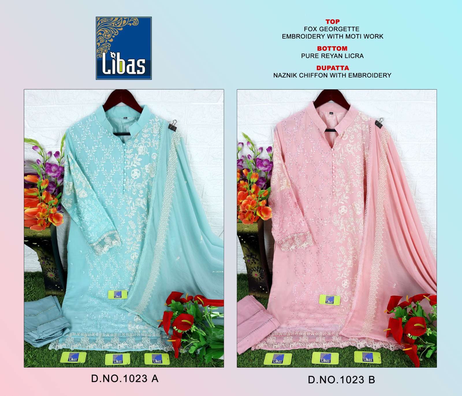 LIBAS 1023 LIGHT COLOURS BY LIBAS FAUX GEORGETTE WORK READYMADE DRESSES